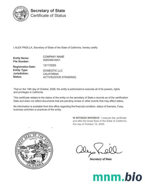 Certyfikat USA California dobrego stojącego szablonu Word i PDF, Wersja 2